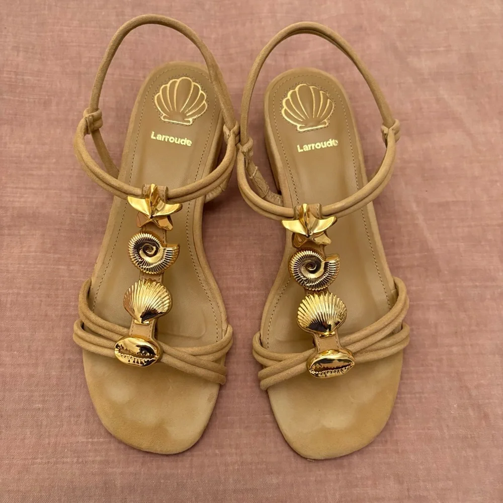 Larroude Shelly flat sandal Lancaster peanut nude tan size 6.5 like new in box - Picture 2 of 8